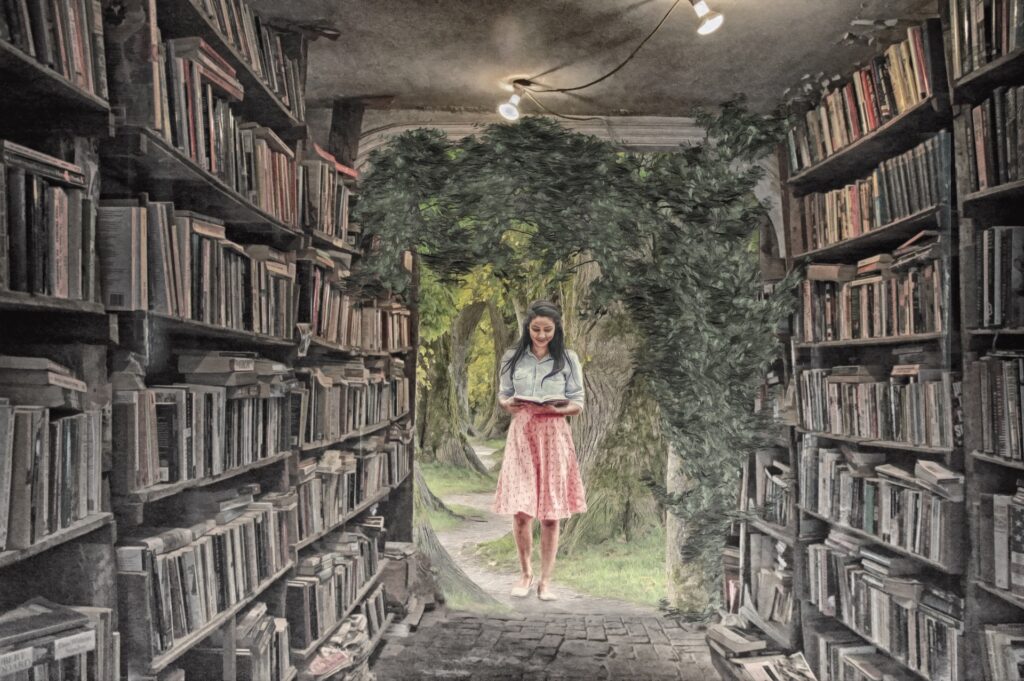 young woman reading a book stepping from forest into library